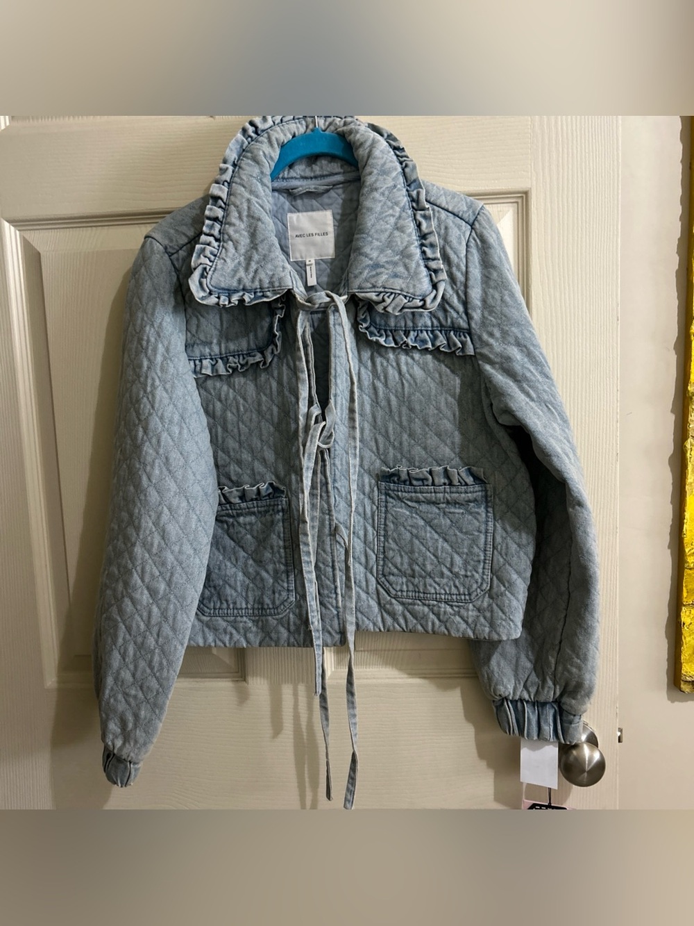 Avec Les Filles Denim Quilted Jacket Maura Bow Tie Preppy Boho Medium NWT - Picture 2 of 12